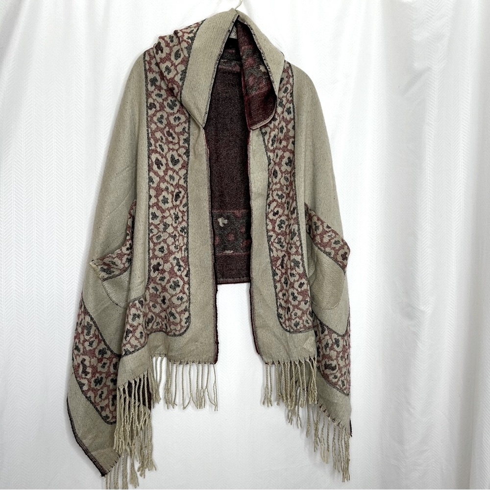 Free People tan hooded poncho boho fringe